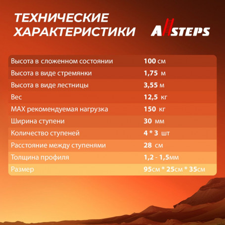 Лестница-трансформер ALLSTEPS, 3,55 м, 4*3 ступеней (шарнирная), MPL-403BLBH
