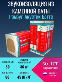 Звукоизоляция для стен из каменной ваты ROCKWOOL Акустик Баттс, 1000 х 600 х 50 мм, 60 плит, 36 м2